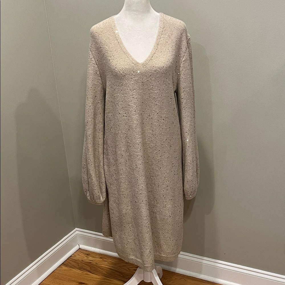 LOFT Beige Long Sleeve Sequins Sweater Dress